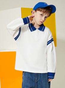 男孩條紋印花落肩袖POLO衫 - 白色 - 查看 6