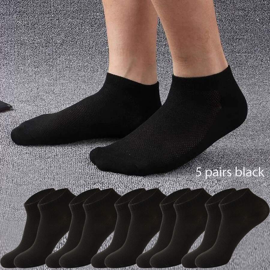 5 双男士黑色透气网眼船袜，适合健身 - 黑色 - 查看 1