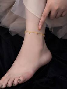 ELSEDES 1pc Simple And Luxurious S925 Silver Multi-Bead Combination Shiny Anklet, Highlighting Fashion Charm, High-Quality Jewelry, Suitable For Women's Daily And Summer Wear - Yellow Gold - View 2