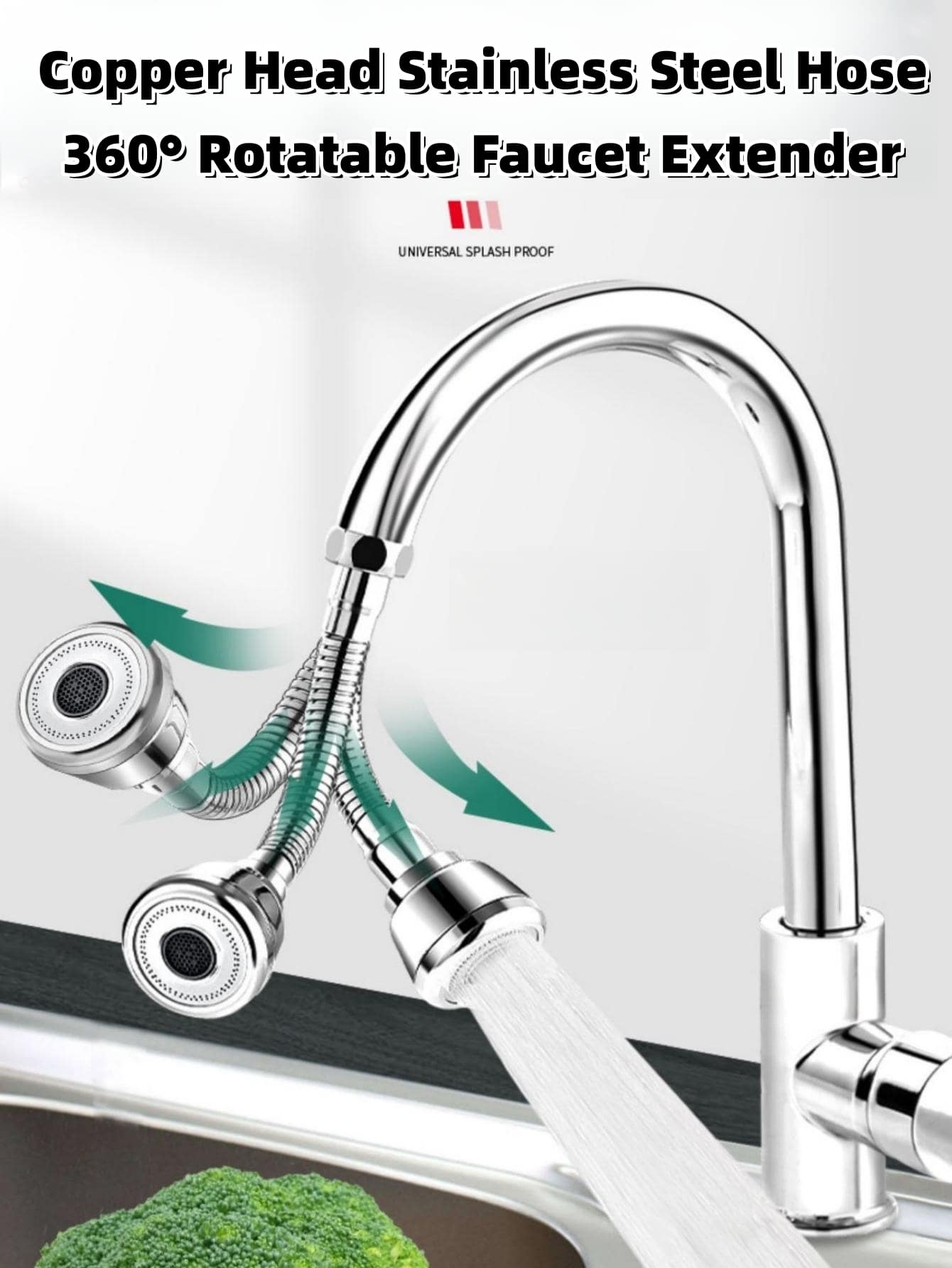 360度旋轉黃銅和不鏽鋼廚房水龍頭延長器,具有防濺水頭,3噴霧模式的水喉,冷熱水通用水龍頭延長器 - 銀色 - 查看 1