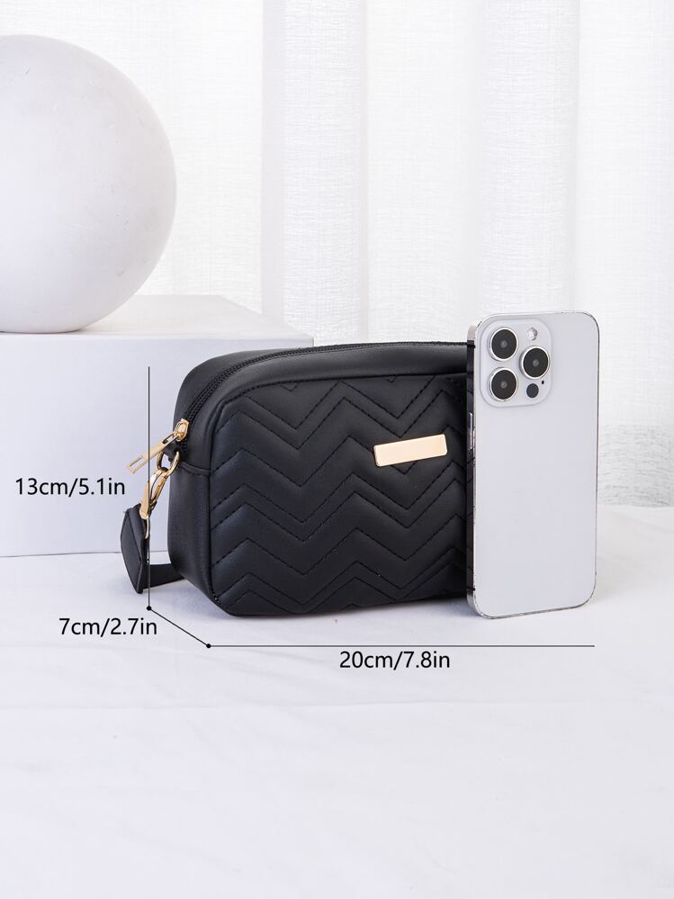 1pc Black Quilted V-Stitch Embroidery Crossbody Bag, Fashionable Versatile Small Square Shoulder Bag With Gold Hardware Decoration For Women - Black - View 3
