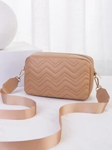 1 件卡其色绗缝 V 形刺绣翻盖小方形斜挎包，适合女士，时尚百搭单肩包，带金色金属装饰 - 卡其色 - 查看 4