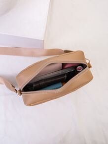 1 件卡其色绗缝 V 形刺绣翻盖小方形斜挎包，适合女士，时尚百搭单肩包，带金色金属装饰 - 卡其色 - 查看 5