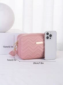 1 chiếc túi đeo chéo chần bông màu hồng, túi đeo vai/đeo chéo vuông nhỏ thêu chữ V thời trang đa năng dành cho nữ, trang trí phần cứng màu vàng - Hồng - Xem 3