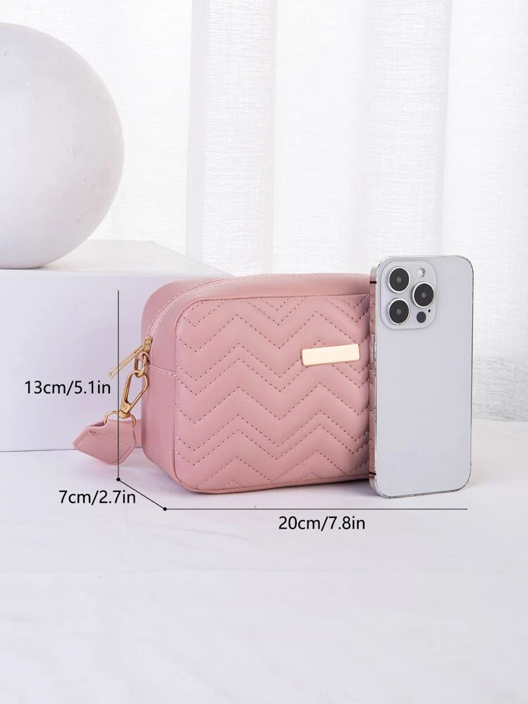 1pc Pink Quilted Diagonal Crossbody Bag, Fashion Versatile V-Stitched Embroidered Small Square Shoulder/Crossbody Bag For Women, Gold Hardware Decor - Pink - View 3