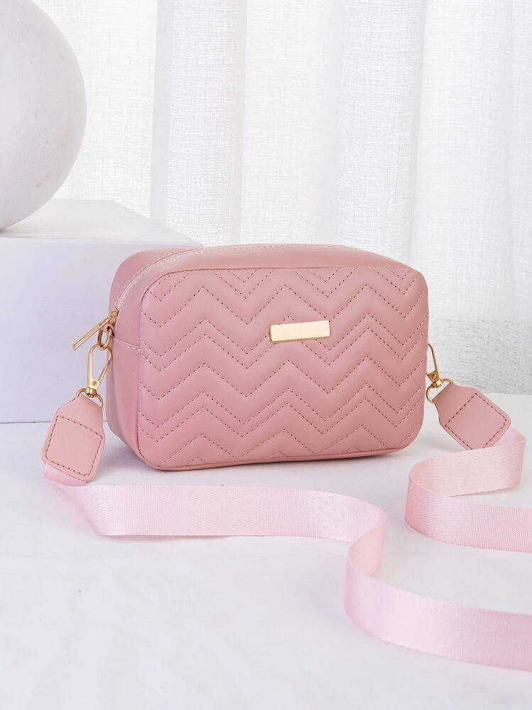 1pc Pink Quilted Diagonal Crossbody Bag, Fashion Versatile V-Stitched Embroidered Small Square Shoulder/Crossbody Bag For Women, Gold Hardware Decor - Pink - View 2