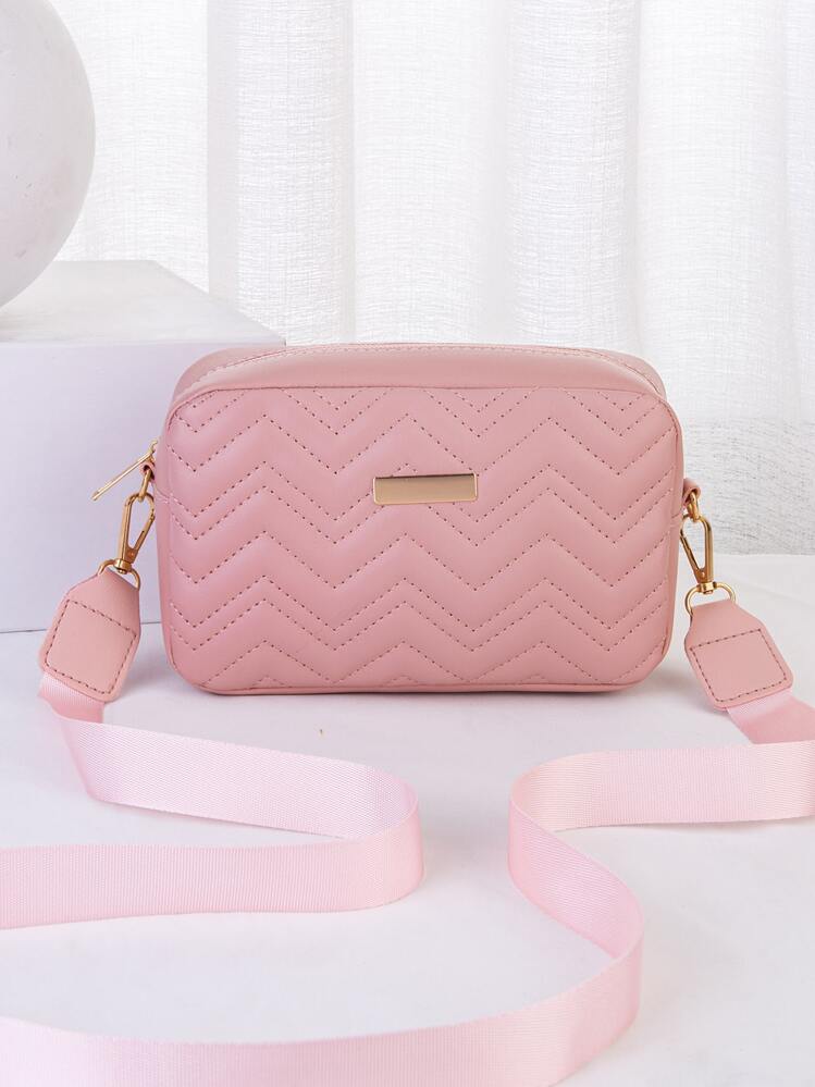 1pc Pink Quilted Diagonal Crossbody Bag, Fashion Versatile V-Stitched Embroidered Small Square Shoulder/Crossbody Bag For Women, Gold Hardware Decor - Pink - View 1