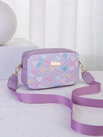 1 Pc Quilted Contrast Color Heart Print Small Square Crossbody Bag For Women, Fashion Versatile Romantic Shoulder Messenger Camera Bag With Golden Metal Hardware Decor