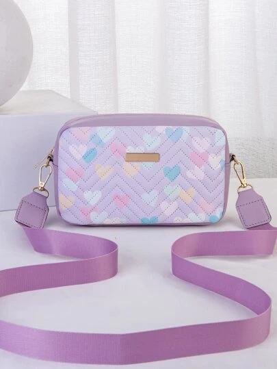 1 Pieza Bolso bandolera pequeño cuadrado con estampado de corazón en contraste acolchado para mujeres, bolso de mensajero de hombro versátil y romántico con decoración de herrajes metálicos dorados