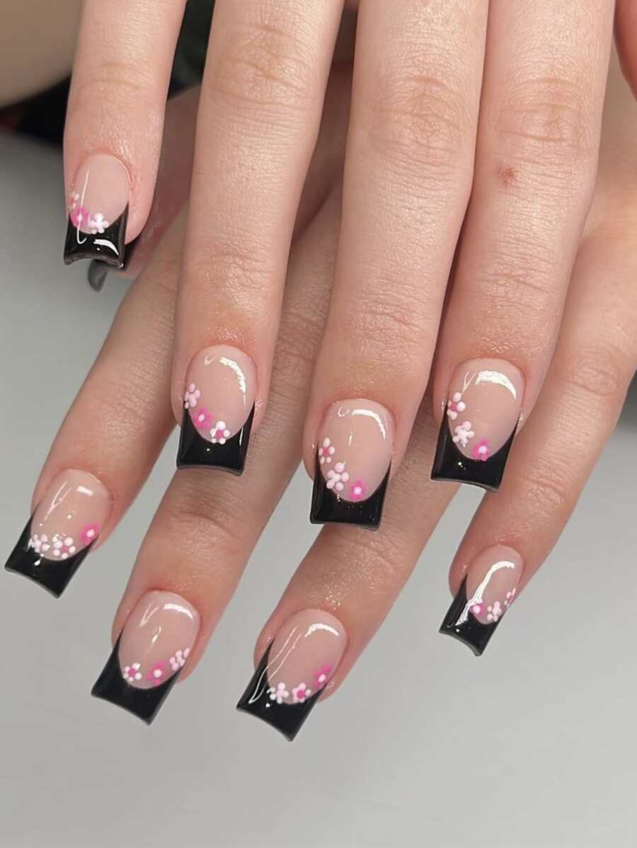 Actualice Su Apariencia Con 24 Piezas De Arte De Uñas Cortas, Diseños Florales Franceses Negros De Uñas Cuadradas De Cobertura Completa Adecuados Para Mujeres Y Niñas - Multicolor - Ver 1