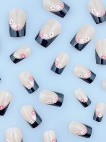 Actualice Su Apariencia Con 24 Piezas De Arte De Uñas Cortas, Diseños Florales Franceses Negros De Uñas Cuadradas De Cobertura Completa Adecuados Para Mujeres Y Niñas - Multicolor - Ver 3