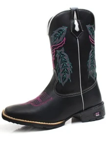 Bota Feminina Texana Country RR Botas Com Bordado Boi Bico Quadrado