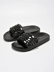 Women's  Rhinestone Studded Slider Sandals - Single Round Toe Slides Flat For Running Errands - 黑色 - 查看 3