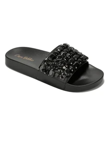 Women's  Rhinestone Studded Slider Sandals - Single Round Toe Slides Flat For Running Errands - 黑色 - 查看 4