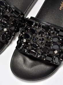 Women's  Rhinestone Studded Slider Sandals - Single Round Toe Slides Flat For Running Errands - 黑色 - 查看 5