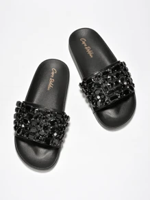 Women's  Rhinestone Studded Slider Sandals - Single Round Toe Slides Flat For Running Errands - 黑色 - 查看 2
