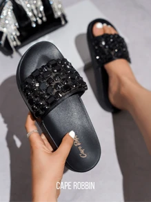 Women's  Rhinestone Studded Slider Sandals - Single Round Toe Slides Flat For Running Errands - 黑色 - 查看 1