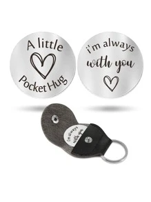 1入份口袋擁抱紀念長途戀愛禮物,不鏽鋼雙面啟發性禮物,配有pu皮鑰匙扣('我永遠與你同在') - 黑與白 - 查看 1