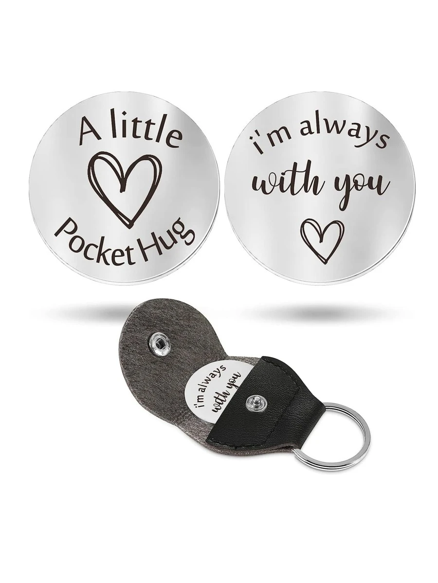1入份口袋擁抱紀念長途戀愛禮物,不鏽鋼雙面啟發性禮物,配有pu皮鑰匙扣('我永遠與你同在') - 黑與白 - 查看 1