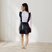 Overol Jumper de Falda Mujer Mono Jumpsuit de vinipiel Para Dama Casual Falda overol con blusa de manga larga olanes circular - Negro - Ver 5