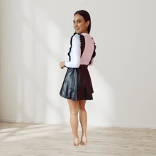 Overol Jumper de Falda Mujer Mono Jumpsuit de vinipiel Para Dama Casual Falda overol con blusa de manga larga olanes circular - Negro - Ver 3