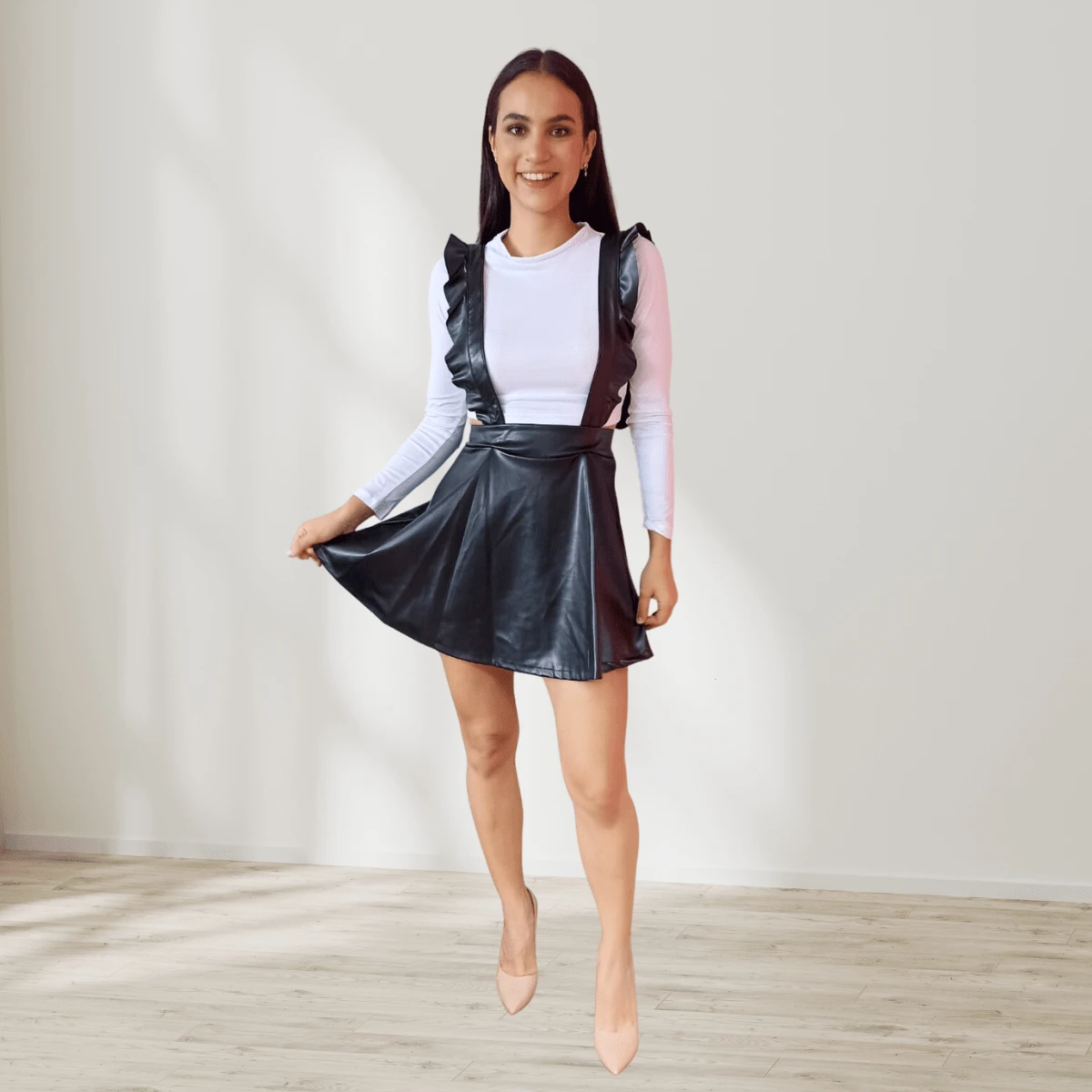 Overol Jumper de Falda Mujer Mono Jumpsuit de vinipiel Para Dama Casual Falda overol con blusa de manga larga olanes circular - Negro - Ver 1