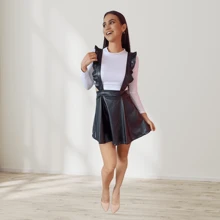 Overol Jumper de Falda Mujer Mono Jumpsuit de vinipiel Para Dama Casual Falda overol con blusa de manga larga olanes circular - Negro - Ver 4