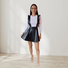 Overol Jumper de Falda Mujer Mono Jumpsuit de vinipiel Para Dama Casual Falda overol con blusa de manga larga olanes circular - Negro - Ver 6