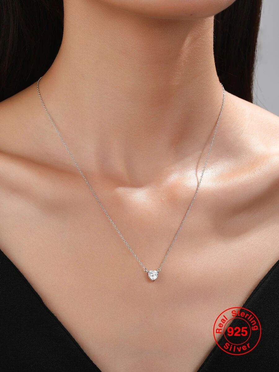 1入組純s925銀質鍍金鑲嵌立方氧化鋯裝飾的心形項鍊,適用於女士約會穿搭,時尚百搭