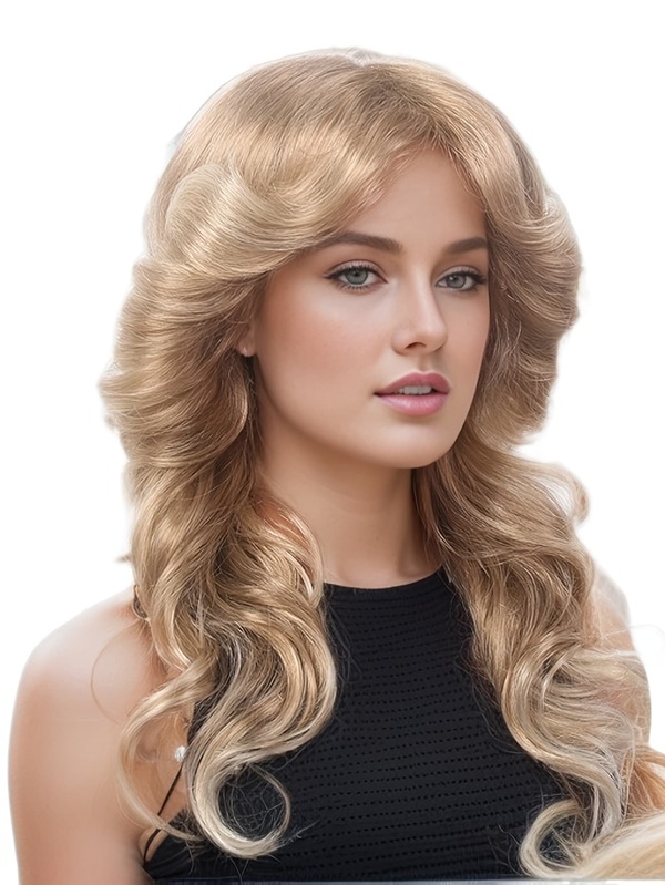 Parrucche bionde per donne signore anni 60 70 festa disco costume Farrah Fawcett travestimento con accessori lucidi collana d'argento orecchini parrucca naturale sintetica parrucche complete festa vintage vintage costume cosplay capelli parrucca SRT Natale F