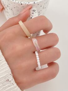 3pcs/Set Geometric Asymmetrical Clear Candy-Colored Beaded Ring Set, Bestie Gift - Multicolor - View 6