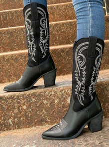 女性馬靴西方風格女牛仔靴帶粗跟,高幫