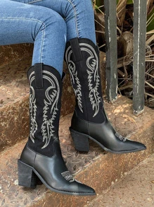 女性馬靴西方風格女牛仔靴帶粗跟,高幫