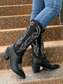 女性馬靴西方風格女牛仔靴帶粗跟,高幫