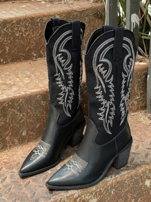 女性馬靴西方風格女牛仔靴帶粗跟,高幫