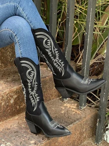 女性馬靴西方風格女牛仔靴帶粗跟,高幫