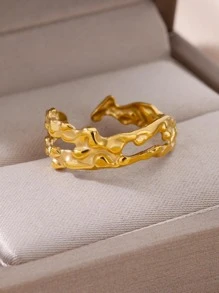 1pc Stainless Steel Twisted Serpentine Asymmetrical Ring, Uncommon Design, Fashionable And Personalized For Women - Yellow Gold - View 1