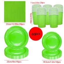 60pcs Disposable Party Tableware Set Including Paper Plates, Cups, And Napkins , For Halloween Or Christmas Party - Green - View 2