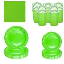 60pcs Disposable Party Tableware Set Including Paper Plates, Cups, And Napkins , For Halloween Or Christmas Party - Green - View 3