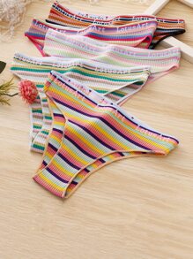 5 Piezas/set Calzones De Mujer De Baja Altura Con Estampado De Letras Y Rayas Coloridas - Multicolor - Ver 2