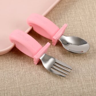 1套裝矽膠&不銹鋼短柄叉和湯匙,製成的304不銹鋼和食品級矽膠,耐熱