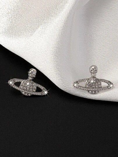 1對幾何形狀和鑽石裝飾的骷髏和行星耳釘