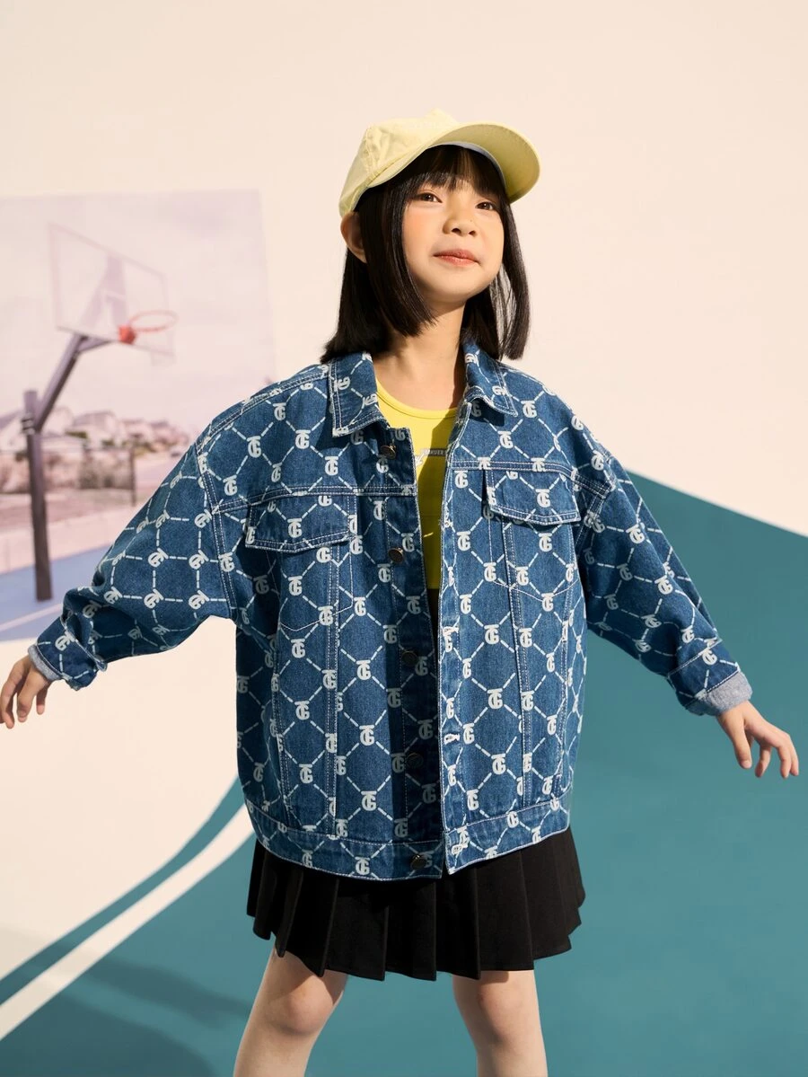 TIGER MINI Cô gái Tween Đúng mốt Hoa Áo khoác denim , Thích hợp Đối với Mặc hàng ngày , Không giới tính Quần áo , Cũng Thích hợp Đối với Con trai - Rửa trung bình - Xem 1