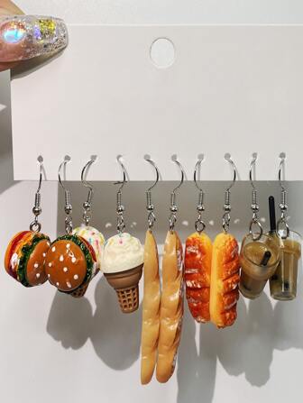 5pairs/set Hamburger, Bread, Ice Cream, Milk Tea Design Earrings
