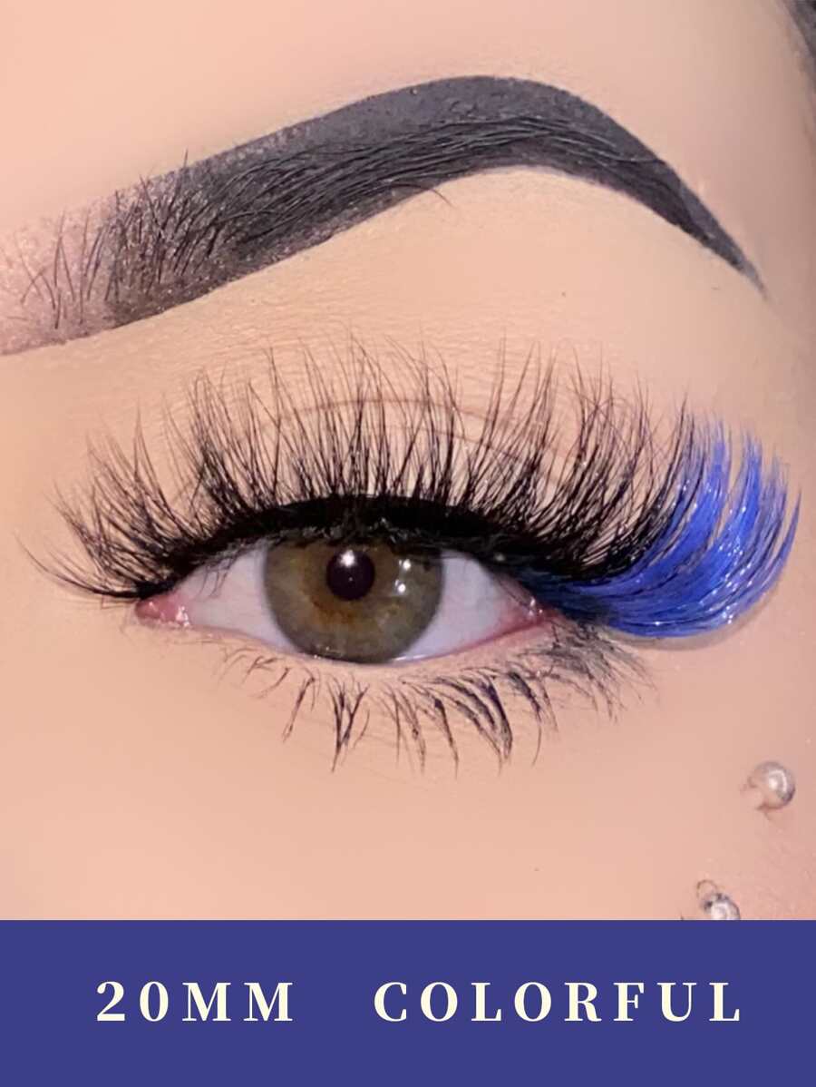 Pestañas Azules, 1 Par De Pestañas Postizas, Falsas De Color Flamencas, Esponjosas Y De Piel Sintética De 20mm - Azul - Ver 1