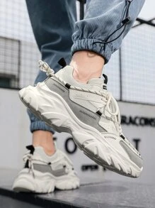 Men's Letter Graphic Front Lace-Up Wavy Pattern Double Shoelaces Contrast Color Chunky Sneakers - Beige - View 5