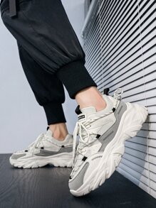 Men's Letter Graphic Front Lace-Up Wavy Pattern Double Shoelaces Contrast Color Chunky Sneakers - Beige - View 9