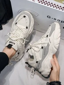 Men's Letter Graphic Front Lace-Up Wavy Pattern Double Shoelaces Contrast Color Chunky Sneakers - Beige - View 2