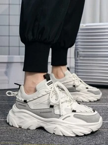 Men's Letter Graphic Front Lace-Up Wavy Pattern Double Shoelaces Contrast Color Chunky Sneakers - Beige - View 8