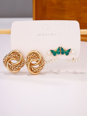 3對蝴蝶和假珍珠裝飾耳環，適合女士日常佩戴、派對等場合